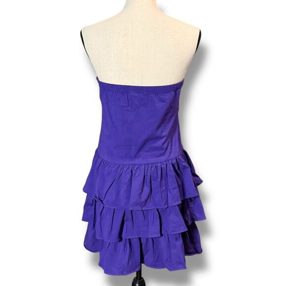 Y2K NOS TCU Mini Strapless Dress Womens Ruffled Layered Purple White Logo Size L - Picture 4 of 7